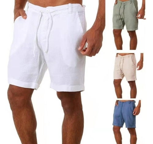 Pantalón Corto Hombre Algodón Lino Pantalón Color Liso Esp
