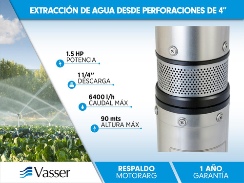 Imagen 2 de 8 de Bomba Sumergible Pozo Vasser 1.5 Hp 4 Pulgadas + 30 Mts Cabl