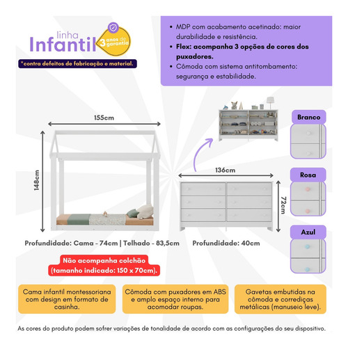 Cama Infantil Montessoriana para Colchão 150 x 70cm com Cômoda Bambolê Multimóveis MX4287 Branco