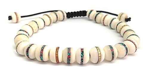 Pulsera Mala Con Incrustaciones De Coral, Turquesa Y Cobre Diámetro 7 Cm Largo 18 Cm
