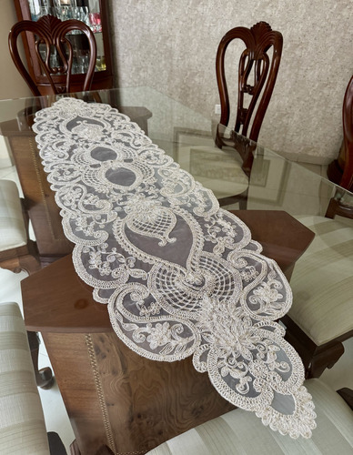 Camino De Mesa De Organdi Encaje Fino Ideal 6 - 8 Sillas Ivory Camino Encaje Ivory