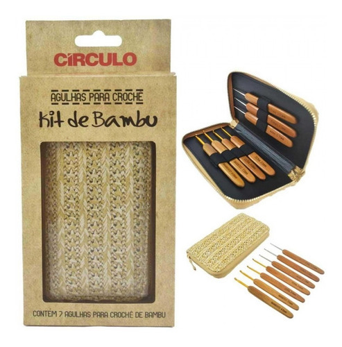 Kit Estojo Agulhas De Crochê Tricô Cabo Bambu 7 Un Círculo