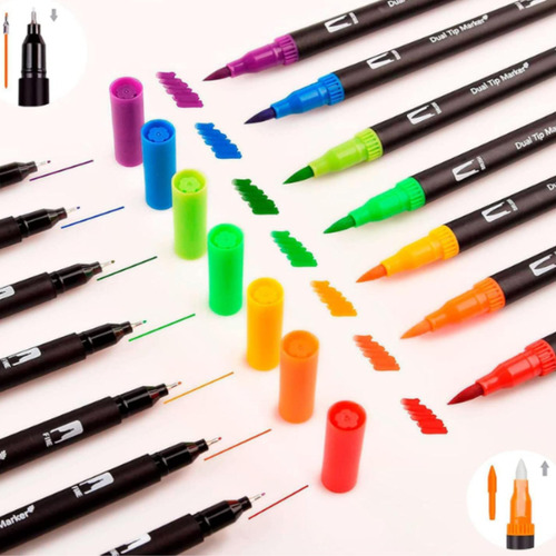 Kit 80 Canetas Ponta Dupla Com Pincel Duplo Fine Line Touch