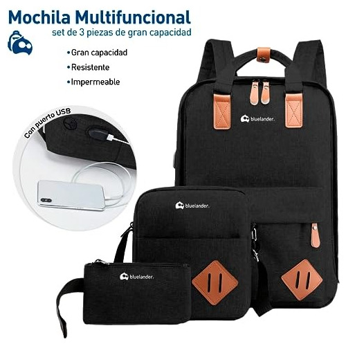 2 Mochilas Escolar Para Laptop Antirrobo 3 Piezas Casual Color Negro Diseño de la tela Lisa