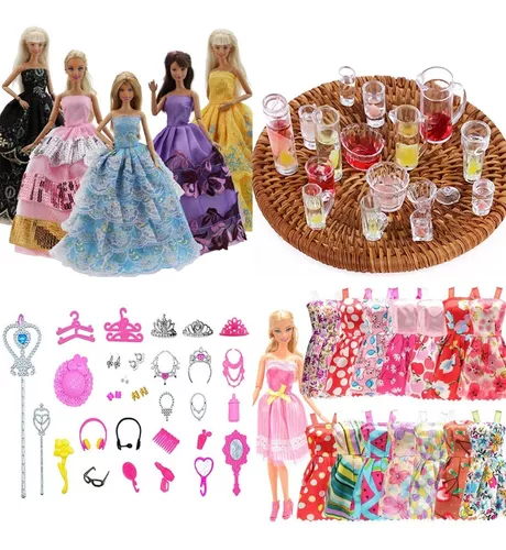 Kit Para Bonecas Jogo De Chá Vestidos Longos De Princesa Etc