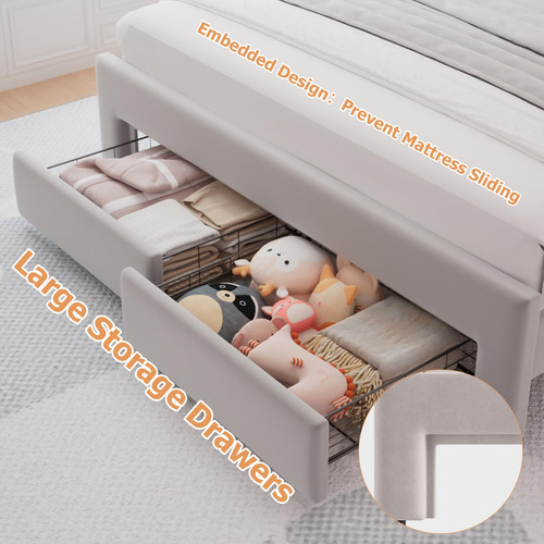 Base De Cama Matrimonial Led Tapizada Con 2 Cajones Y Cabece
