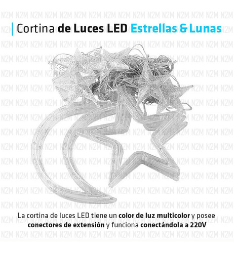 Imagen 2 de 10 de Cortina Led Estrellas Lunas Tira 3 Metros Multicolor 220v