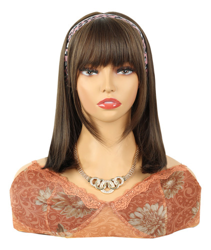 Peluca Sintética Brown Bob De Fibra Recta Para Mujer Queentas MZFP14002K Color Castaño Oscuro Tamaño De La Base M