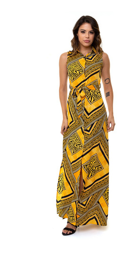 Vestido Kinara Longo Botões Crepe Com Faixa Amarelo