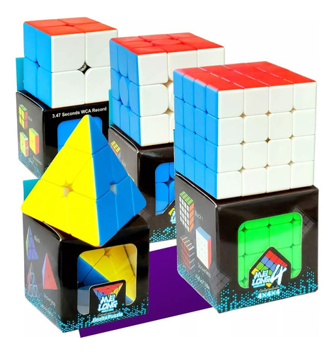 Kit Cubo Mágico 2x2x2 + 3x3x3 +4x4x4 + Pirâmide Profissional Estrutura Stickerless