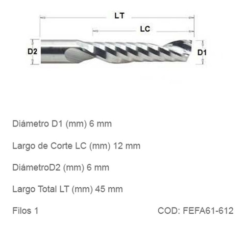 Fresa Espiralada Facetada Cnc 6mm 1 Filo Aleacion Alum
