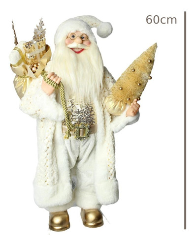 Papai Noel Com Roupa Branca Dourada Com Arvore De Natal 60cm
