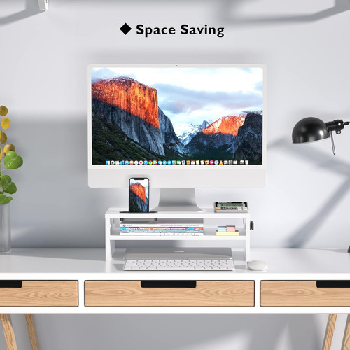 Soporte De Monitor De Madera Blanca De 2 Niveles Con Almacen