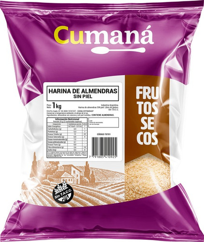 Harina De Almendras Sin Piel Cumana X 1kg Sin Tacc