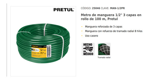 Manguera Reforzada 1/2 Pulgada X 100 Metros Riego Jardineria