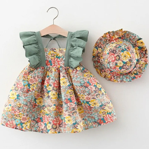 Vestido Floral Verde Con Sombrero Niñas Bebes 