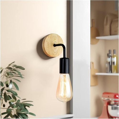Lampara Pared Aplique Nordico Base Madera Portalámpara Metal Negro