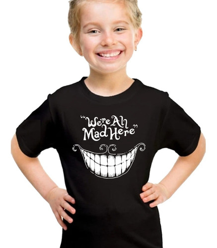 Remera Negra Alicia País Maravillas Algodón Unisex Y Niños