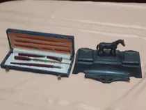 Comprar Escribania Tintero Antiguo Con Estuche De Pluma Y Accesorios