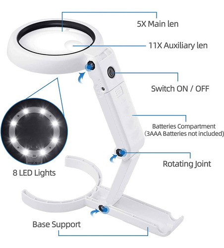 Lupa De Mano Plegable De Mesa Instrumento Óptico 5x 11x 8led