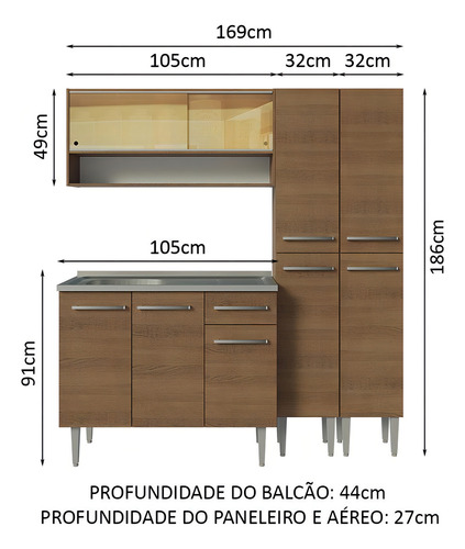 Armário Cozinha Compacta 169cm Com Pia Emilly Madesa R 14 Cor Rustic