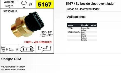 Bulbo Temperatura Electro Ford Escort Vw Gol Pointer Saveiro