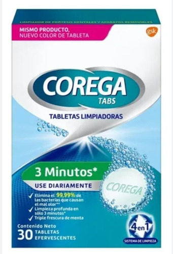 Corega Tabs, Tabletas Limpiadoras 3 Minutos X 30 Unidades