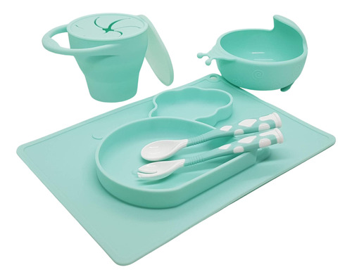 Set Bebé Mantel Cubiertos Babero Y Vaso Plegable Verde Aqua