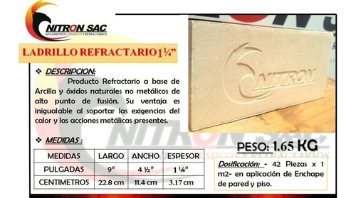 Imagen 1 de 7 de Ladrillo Refractario Nitron Grosor 1 1/4 Pulgadas
