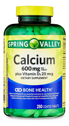 Calcio 600mg Y Vitamina D3 Spring Valley 250 Tabletas