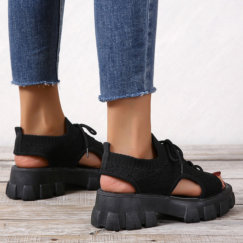 Sandalias Mujer Con Cordones Zapatos Plataforma Calados Cuña