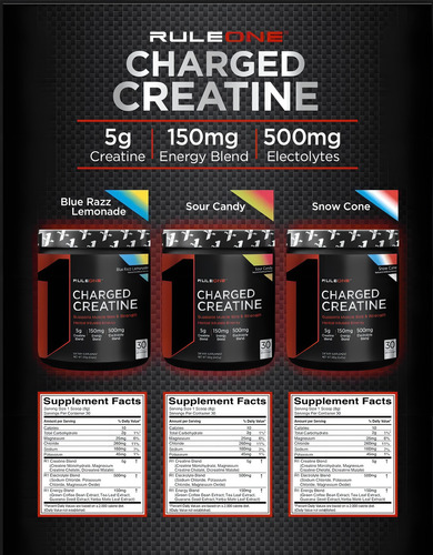 Rule 1 Creatina Charged / 3 Tipos De Creatina + Fuerza 30srv Sabor Blue Razz Lemonade