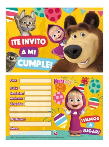 Invitacion De Cumpleaños Otero X 10 Un - Masha Y El Oso Color Unico