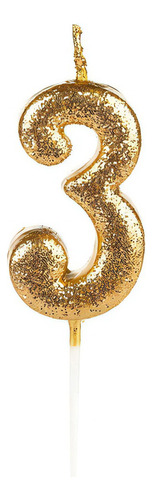 Vela De Aniversário Número 3 Glitter Dourado 4,5cm - Full