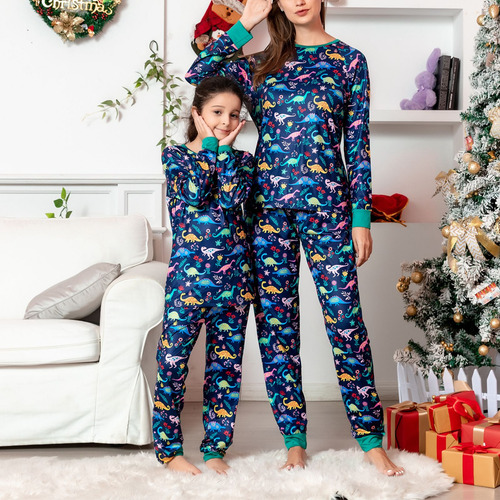 Pijama Familiar Navideño Redondo Con Estampado De Dinosaurio