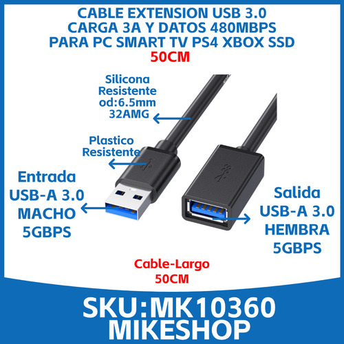 Cable Usb Extensor Prolongador 3.0 Alta Velocidad 5gbps 50cm Negro 50cm