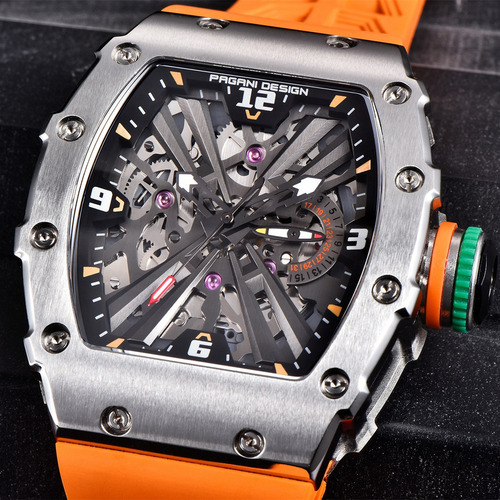 Reloj De Pulsera Analógico Ejecutivo Pagani Design Para Homb Correa Naranja Bisel Plateado Fondo Negro