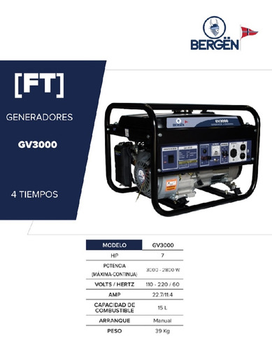 Generador De Corriente 4 T Bergen 3000w C/motor Gas. 7hp