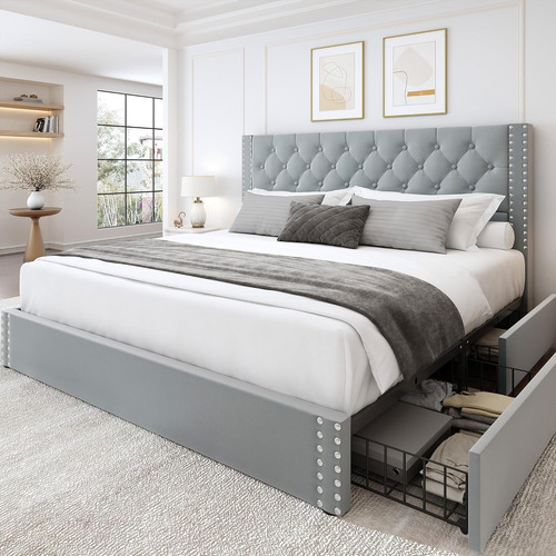 Base De Cama King Size Fabricada En Lino Con 4 Cajones Gris