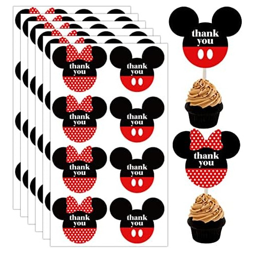 Pegatinas Rojas De Mickey Minnie Mouse Cumpleaños, Eti...