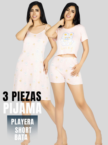 Set Pijama 3 Piezas Mujer Verano Bata Top Y Short