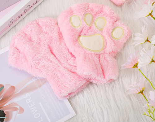 Guante De Invierno De Peluche Huellas De Gato Termicos Kawai Rosa Claro Peluche