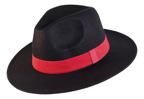 Chapéu Fedora Panamá Kouk Preto Feltro Aveludado Faixa Vermelha Exu Umbanda