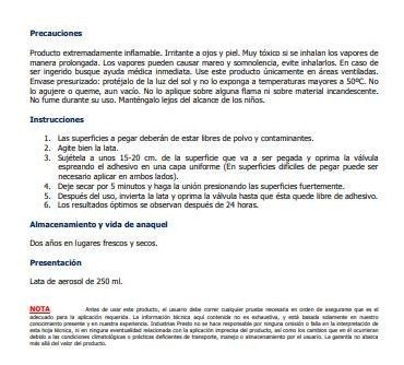 Presto 2 Pz Pegamento Aerosol Ps610 Lam. Plas. Aeropren 1 Lt