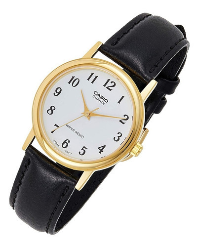 Reloj Casio Mtp1095 7b Unisex Correa Negra Piel Full Color de la correa Negro Color del bisel Dorado Color del fondo Blanco