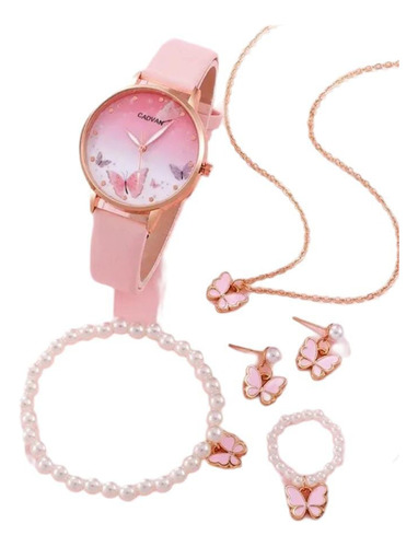  Reloj De Cuarzo Mujer Conjunto De 6 Piezas Mariposa Rosa