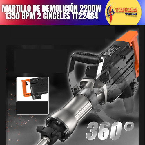Martillo De Demolición 2200w 1350 Bpm 2 Puntas De Cinceles Color Naranja