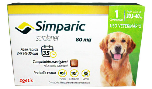 Antipulgas Simparic 80mg Cães 20-40kg - Proteção 35 Dias