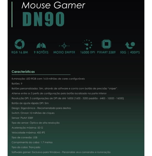 Mouse Gamer 9 Botões 16000 Dpi Dn90 Rgb Sensor Pixart 3389