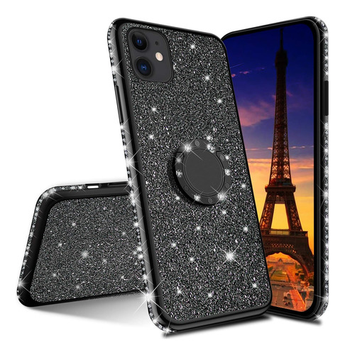 Funda Para iPhone 11 Pro Max - Negra Con Brillos + Anillo